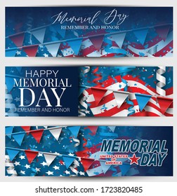 Memorial Day banner or header. Blue, red, and white USA national flag, bunting, and balloons. Vector illustration.