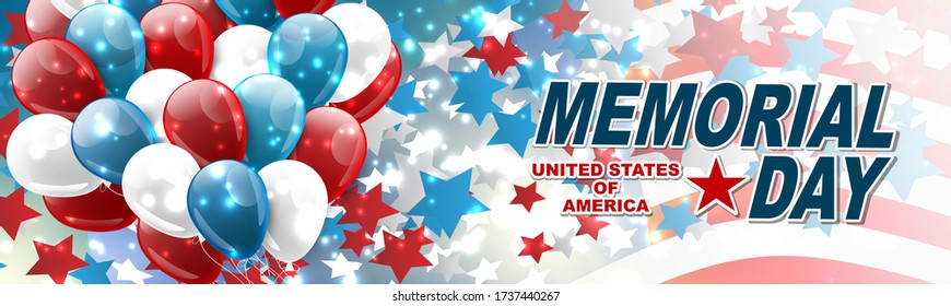 Memorial Day banner or header. Blue, red, and white USA national flag and balloons. Vector illustration.