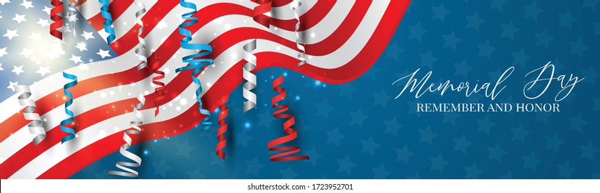 Memorial Day banner. or header Remember and honor. Waving USA flag. National celebration concept. Vector illustration.