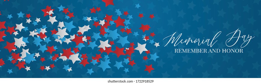 Memorial Day banner or header. Simple design. Blue, red, and white stars. Vector illustration.