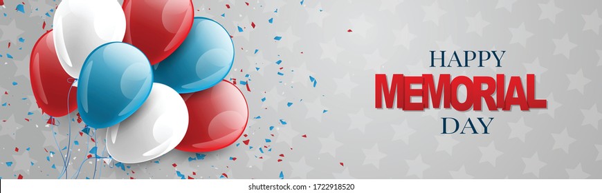 Memorial Day banner or long header. Blue, red, and white usa national colors balloons. Vector illustration.
