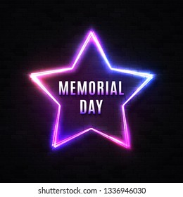 Memorial Day banner on black brick wall. Neon light led lamp star background. Patriotic USA design template with glowing text. Bright colorful vector illustration for American national event.