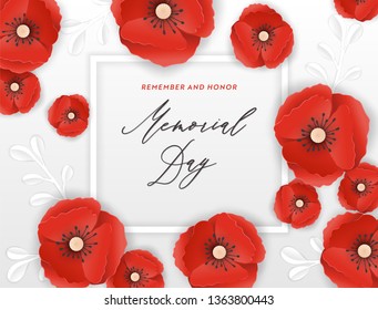 Memorial Day Banner with Red Paper Cut Poppy Flowers. Remembrance Day Poster with Symbol of Piece Poppies for Flyer, Brochure, Leaflet. Vector illustration