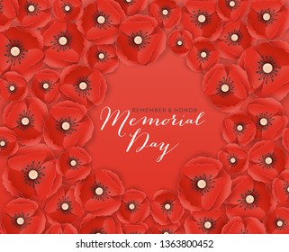 Memorial Day Banner with Red Paper Cut Poppy Flowers. Remembrance Day Poster with Symbol of Piece Poppies for Flyer, Brochure, Leaflet. Vector illustration