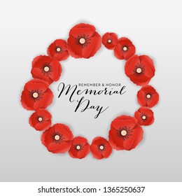 Memorial Day Banner with Red Paper Cut Poppy Flowers. Remembrance Day Poster with Symbol of Piece Poppies for Flyer, Brochure, Leaflet. Vector illustration