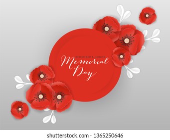 Memorial Day Banner with Red Paper Cut Poppy Flowers. Remembrance Day Poster with Symbol of Piece Poppies for Flyer, Brochure, Leaflet. Vector illustration