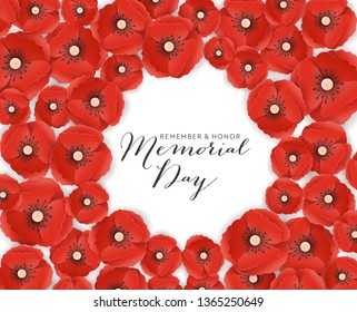 Memorial Day Banner with Red Paper Cut Poppy Flowers. Remembrance Day Poster with Symbol of Piece Poppies for Flyer, Brochure, Leaflet. Vector illustration