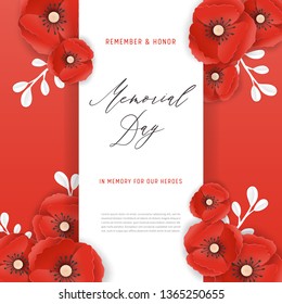 Memorial Day Banner with Red Paper Cut Poppy Flowers. Remembrance Day Poster with Symbol of Piece Poppies for Flyer, Brochure, Leaflet. Vector illustration