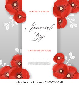 Memorial Day Banner with Red Paper Cut Poppy Flowers. Remembrance Day Poster with Symbol of Piece Poppies for Flyer, Brochure, Leaflet. Vector illustration