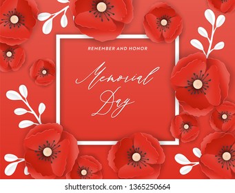 Memorial Day Banner with Red Paper Cut Poppy Flowers. Remembrance Day Poster with Symbol of Piece Poppies for Flyer, Brochure, Leaflet. Vector illustration