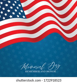 Memorial Day banner. Remember and honor. Waving USA flag. National celebration concept. Vector illustration.