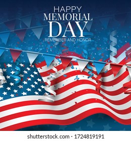 Memorial Day banner. Remember and honor. Waving USA flag. National celebration concept. Vector illustration.