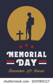 Memorial Day Banner, Silhouette of soldier paying tribute at a grave, Vector Illustration