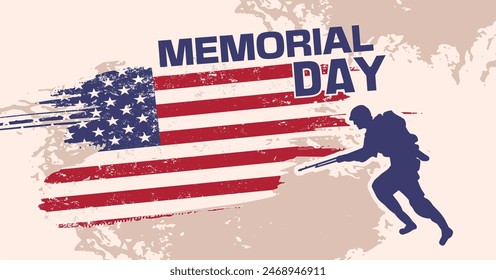 Memorial Day. . banner. Silhouettes of star and American soldier. Flag - vector illustration