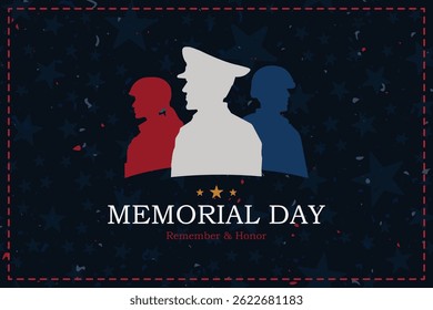 Memorial Day banner with soldier silhouettes against a starry background with the message Remember and Honor.