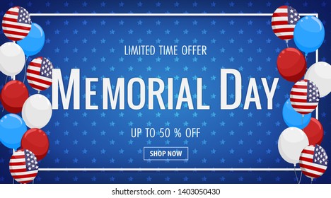 Memorial day banner template decor with American flag balloons design. Vector illustration.