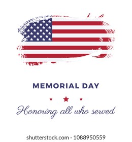 memorial day banner template with text and national flag in shape of brush stroke