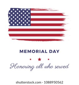 memorial day banner template with text and national flag in shape of brush stroke