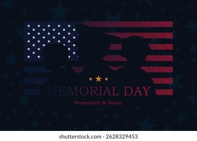 Memorial Day banner with USA flag and silhouettes soldier on a background with stars.