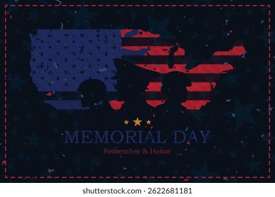 Memorial Day banner with USA map and flag with silhouettes soldier on a background with stars.