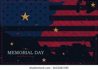 Memorial Day banner com mapa e bandeira dos EUA em um fundo com estrelas. Lembre-se e honre os heróis militares.