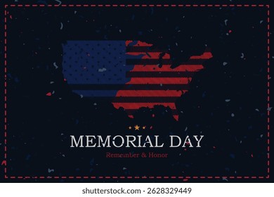 Memorial Day banner com mapa e bandeira dos EUA em um fundo com estrelas. Lembre-se e honre os heróis militares.