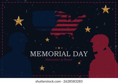 Memorial Day banner with USA map and flag with silhouettes soldier on a background with stars.