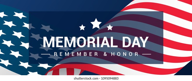 Memorial Day Banner Vector illustration, USA flag waving on blue background. Header design