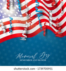 Memorial Day banner. Waving USA flag. National celebration concept. Vector illustration.