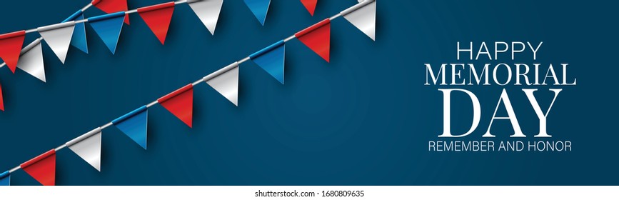 Memorial Day banner, website or newsletter header. Background with American blue, red, and white bunting. United States of America national holiday. Vector illustration.