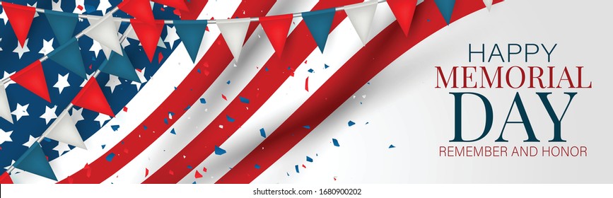 Banner del Día del Recuerdo, página web o encabezado del boletín. Antecedentes con la bandera nacional estadounidense y el amarre. Festividades en Estados Unidos. Ilustración vectorial.