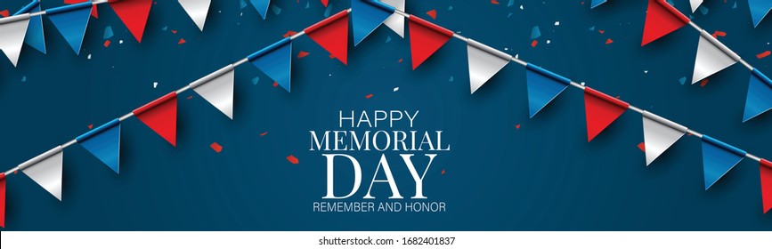 Memorial Day banner, website or newsletter header. Background with American blue, red, and white bunting. United States of America national holiday. Vector illustration.