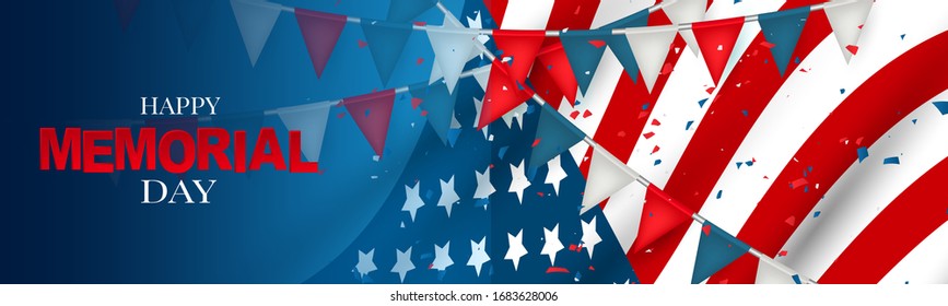 Memorial Day banner, website or newsletter header. Background with American national flag and bunting. United States of America holiday. Vector illustration.