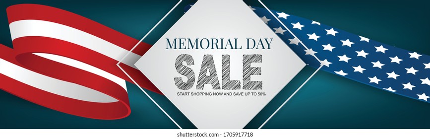 Memorial Day banner, website or newsletter header. Background with American national flag ribbon. United States of America holiday celebration concept. Vector illustration.