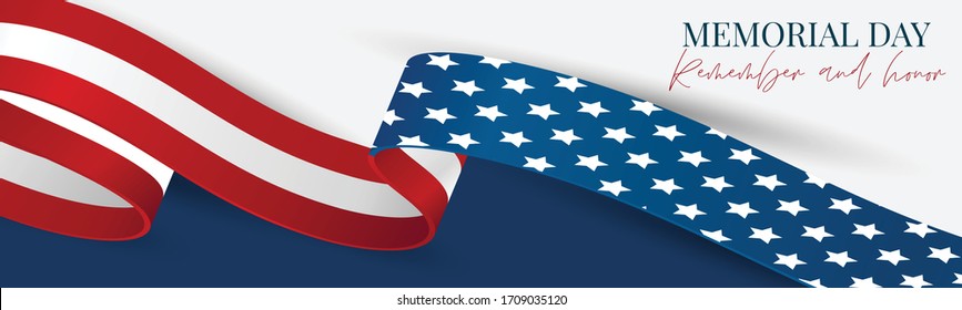 Memorial Day banner, website or newsletter header. Background with American national flag ribbon. United States of America holiday celebration concept. Vector illustration.