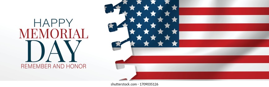 Memorial Day banner, website or newsletter header. Background with American national flag. United States of America holiday celebration concept. Vector illustration.