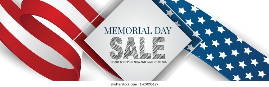 Memorial Day banner, website or newsletter header. Background with American national flag ribbon. United States of America holiday celebration concept. Vector illustration.