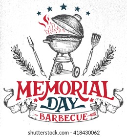 Memorial Day barbecue holiday greeting card. Hand-lettering cookout BBQ party invitation. Sketch of barbecue charcoal kettle grill with tools. Vintage typography illustration isolated on white