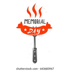 Memorial Day Barbecue Holiday Greeting Card. Hand-lettering Cookout BBQ Party Invitation. Sketch Of Barbecue Sausage. Vintage Typography Illustration Isolated.