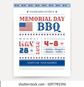 Memorial Day barbeque BBQ flyer, leaflet, letter invitation design template vector. Memorial Day barbecue party poster sample with American flag