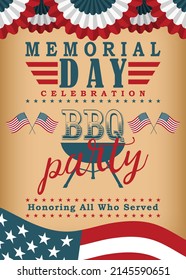 Memorial Day B-B-Q Party flyer. Invitation template for barbecue party for Memorial Day. Background for celebration USA national holiday - Memorial Day. Vector illustration.