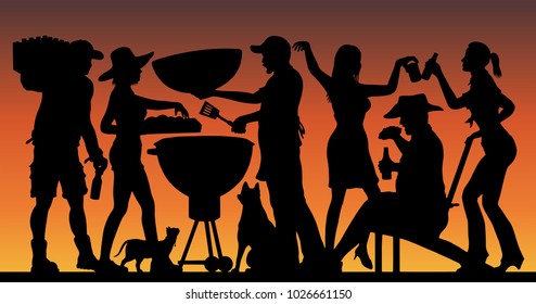 Memorial Day BBQ Party Silhouette in front of Sunset. The silhouette image is in a different layer and it can be use without the background image. 