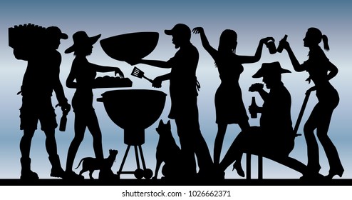 Memorial Day BBQ Party Silhouette in front of Blue Sky. The silhouette image is in a different layer and it can be use without background. 