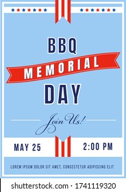 Memorial Day BBQ poster flat vector template. Celebratory event for war anniversary. US freedom and liberty. Brochure, booklet one page concept design. National american holiday flyer, leaflet