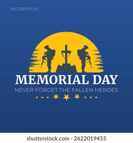 Memorial Day blue poster with soldiers monument and sun backdrop