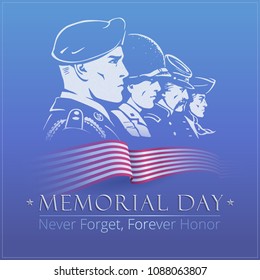 Memorial Day. Blue vector poster with a faces of American soldiers. Rank of profile portraits includes airborne paratrooper, marine of WWII, rifleman of Union Army and a minuteman with tricorn hat.