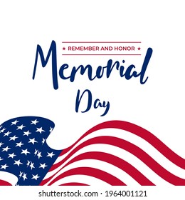 Memorial day brush hand lettering text with flag isolated for greeting card or banner. Vector EPS 10
