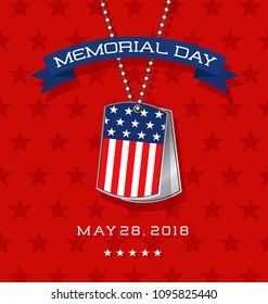 Memorial Day card or banner design with soldier's dog tags and flag on red star pattern background