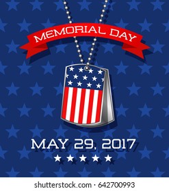 Memorial Day Card Or Banner Design. Soldier's Dog Tags With American Flag Design. Vector Illustration.