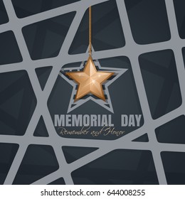 Memorial Day card. Remember and honor. Federal holiday in the United States. Poster with gold star on an elegant gray background. Vector illustration